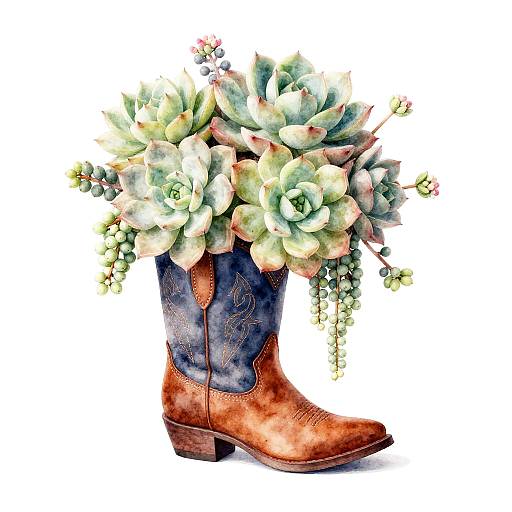Cowgirl Boot Succulent Watercolor Still Life