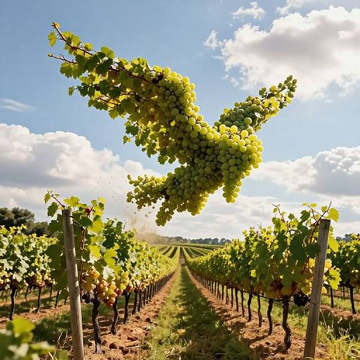Winged Grapes Soaring Over Vineyard