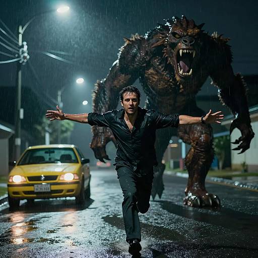 Man Running from Roaring Creature at Night in Rain
