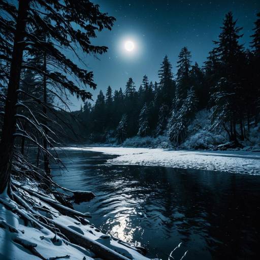 Moonlit Winter River in Pacific Northwest