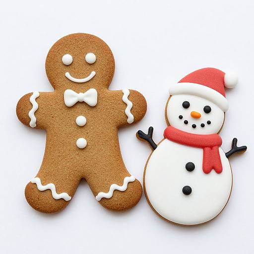 Photograph of a gingerbread cookie with white icing and a bow, and a decorated snowman with a red hat and scarf.