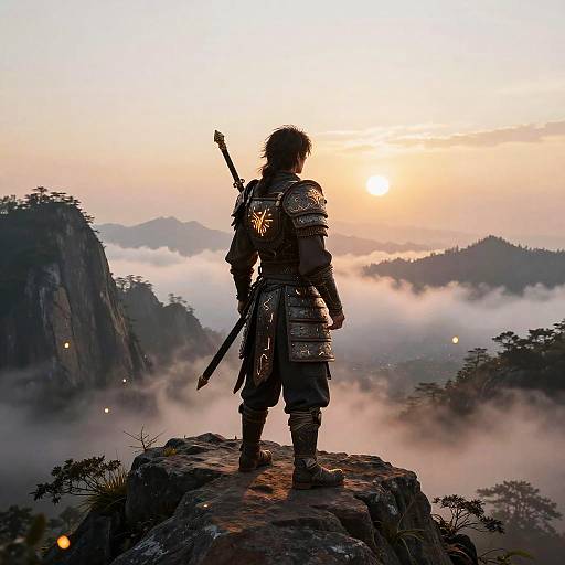 Silhouetted warrior with sword, standing on rocky peak, overlooking misty mountain range at sunrise, wearing ornate armor, surrounded by fog.