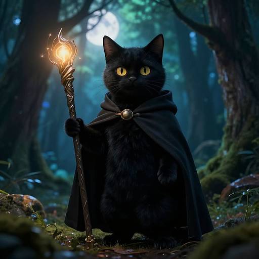 Digital illustration of a black cat with glowing yellow eyes, wearing a dark cloak and holding a glowing staff in a mystical forest.