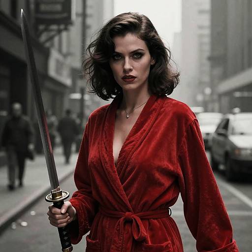 Cyborg Samurai in Noir Cityscape