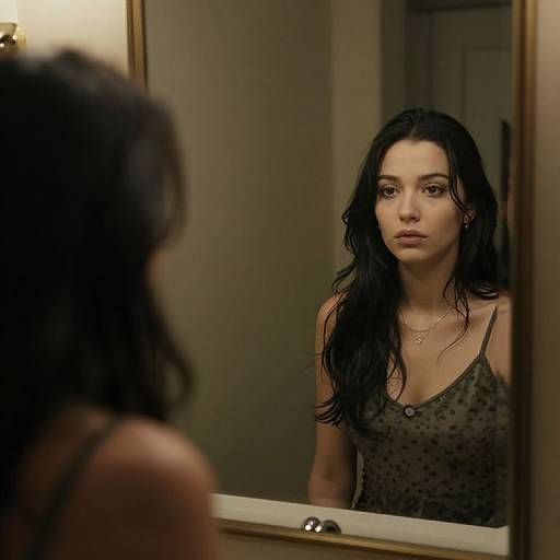 Photograph of a young woman with wet black hair, wearing a green polka dot tank top, staring intently at her reflection in a bathroom mirror