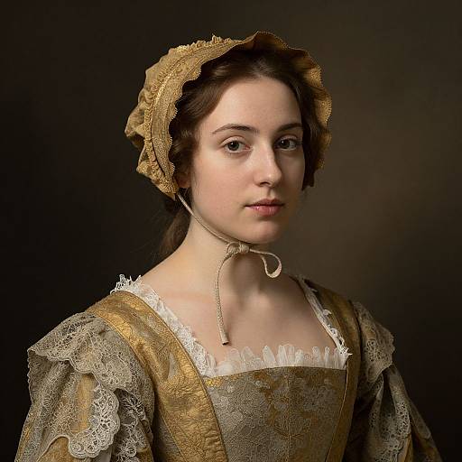 Photograph of a young woman with pale skin, brown eyes, and dark brown hair, wearing an 18th-century-style gold and lace dress with