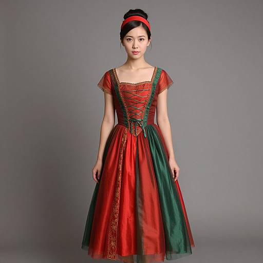 Photograph of an Asian woman in a red and green Renaissance-style dress with lace trim, red headband, and gray background.