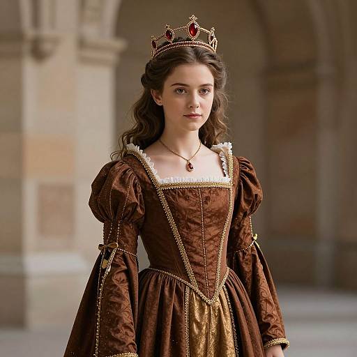 Photograph of a young woman with fair skin and brown wavy hair, wearing a brown Renaissance-style dress with gold trim, a jeweled crown,