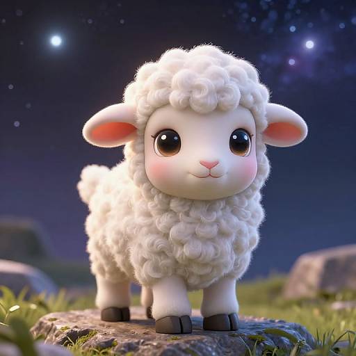CGI cartoon sheep with fluffy white wool, large black eyes, pink cheeks, standing on a rock under a starry night sky.