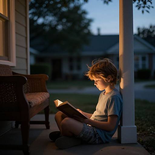 Photograph of a blonde boy with tousled hair, wearing a light blue shirt and plaid shorts, reading a book under a porch light at dusk