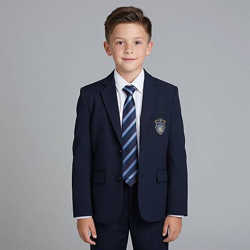 Photograph of a young boy with short brown hair, wearing a black school blazer, white shirt, blue striped tie, and standing against a plain