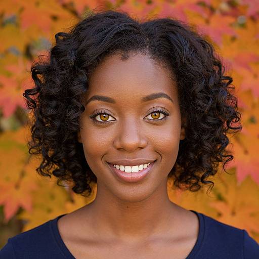 Photograph of a smiling Black woman with curly black hair, brown eyes, and dark skin, wearing a black top, against a vibrant autumnal orange