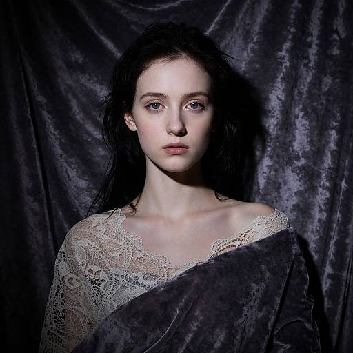 Photograph of a pale-skinned, dark-haired woman with blue eyes, wearing a lace top and draped in a dark velvet cloth, against a textured