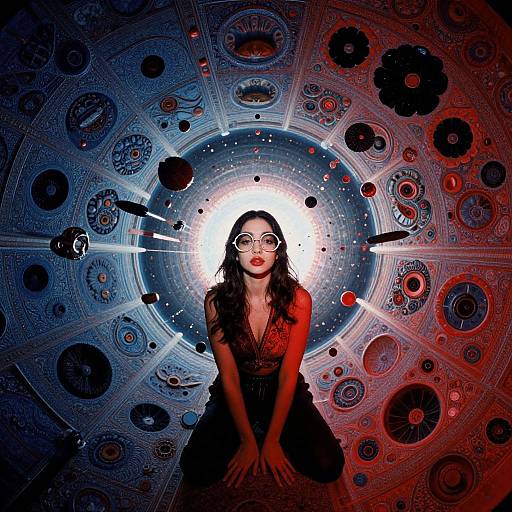 Digital art of a woman with long black hair, red dress, and glasses, centered in a radiant, circular, mechanical, abstract background.