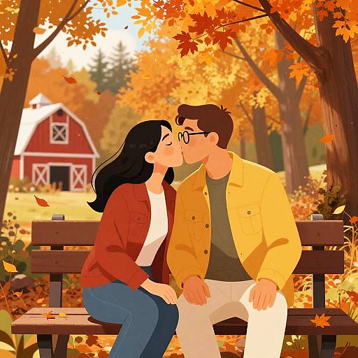 Digital illustration of a couple kissing on a wooden bench in an autumn forest, wearing red and yellow jackets, with a red barn in the background.