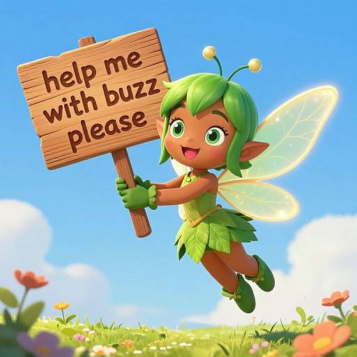 CGI fairy with green hair, wings, and leafy outfit holds wooden sign saying 