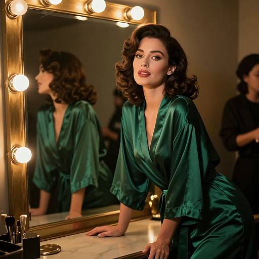 Photograph of a 1940s-style woman with curled brown hair, wearing a green satin robe, leaning on a vanity mirror with glowing bulbs,