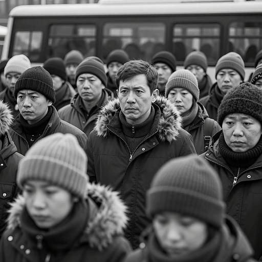 Crowded Winter Gathering in Black and White