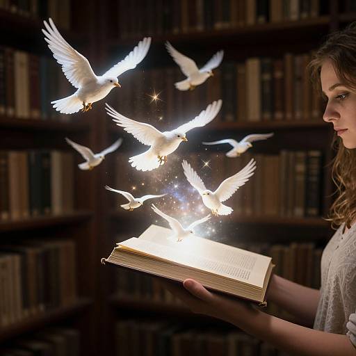 Photograph of a young woman with curly hair, wearing a white shirt, holding an open glowing book, surrounded by luminous white doves in a