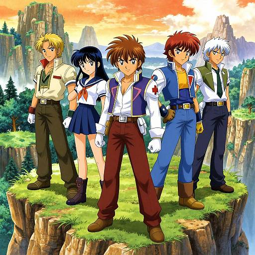 Anime-style illustration of five adventurers standing on a grassy cliff, each wearing different outfits, with a colorful sunset and mountains in the background.
