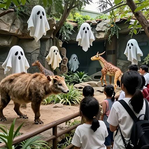 Photograph of children in white shirts observing a brown bear, giraffe, and ghostly figures with black eyes in a zoo exhibit.