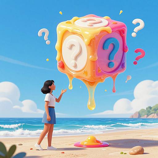 Digital art: Asian girl in white shirt and blue skirt, standing on beach, touching large, colorful, question-marked, gooey bubble in bright