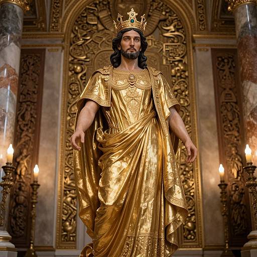 Photograph of a bearded man in a golden, ornate robe and crown, standing in an opulent, richly decorated cathedral.