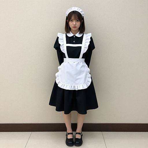 Photograph of an East Asian woman in a black and white maid outfit, standing against a plain white wall, wearing black Mary Jane shoes.