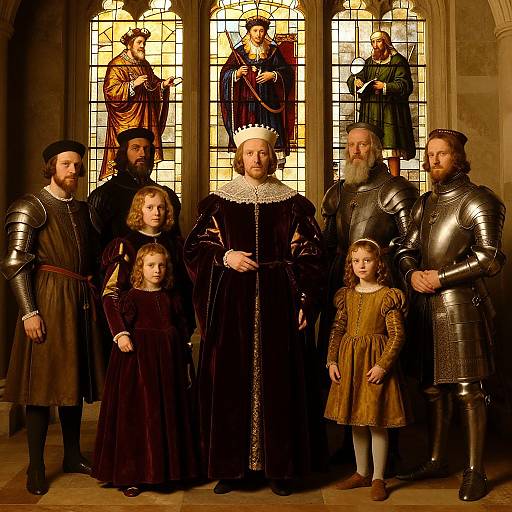 Photograph of a medieval royal family portrait with adults in armor and velvet, children in dark dresses, and stained glass background.