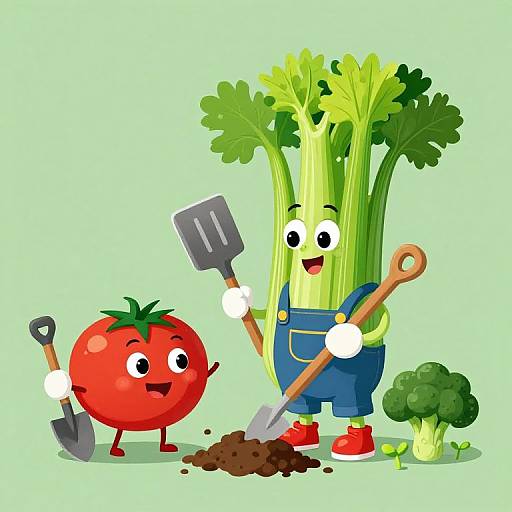 Cartoon illustration of a cheerful tomato with shovel and overalls, and a smiling celery person with shovel and rake, planting broccoli. Green background.