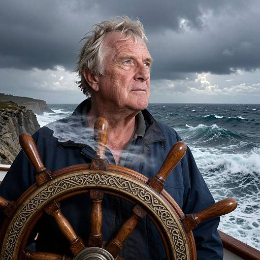Photograph of an older man with gray hair, wearing a dark shirt, holding a carved wooden ship's wheel, against a stormy ocean backdrop.