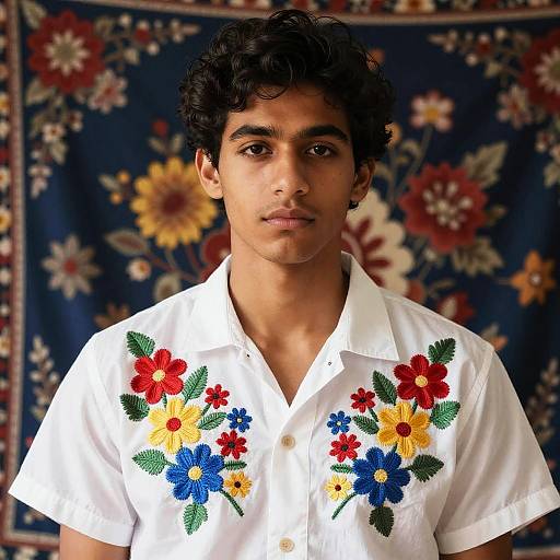 Photograph of a young man with curly black hair, medium brown skin, wearing a white shirt with colorful embroidered flowers, against a floral-patterned blue