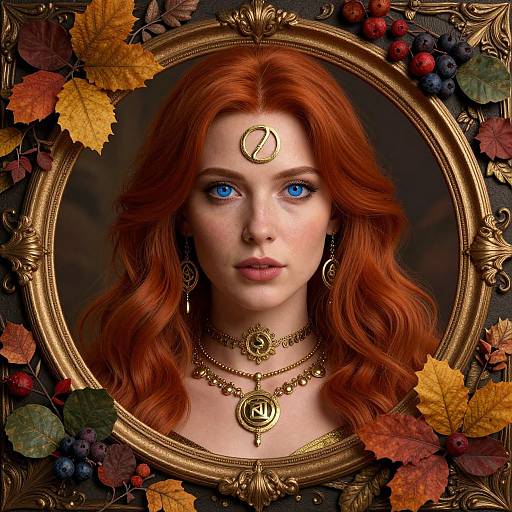 Digital painting of a fair-skinned woman with vibrant red hair, blue eyes, and a gold forehead symbol, framed by autumn leaves and berries, wearing
