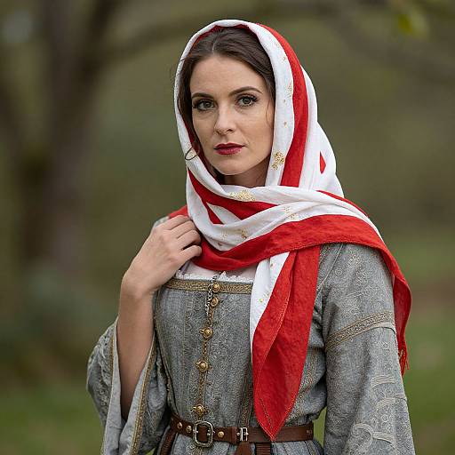 Photograph of a fair-skinned woman with dark brown hair, wearing a red and white headscarf, gray embroidered dress, and brown belt,