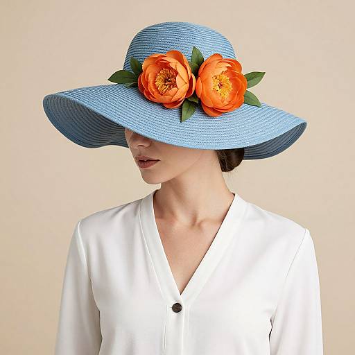 Photograph of an Asian woman in a white blouse, wearing a large blue sunhat adorned with bright orange roses and green leaves, against a beige background