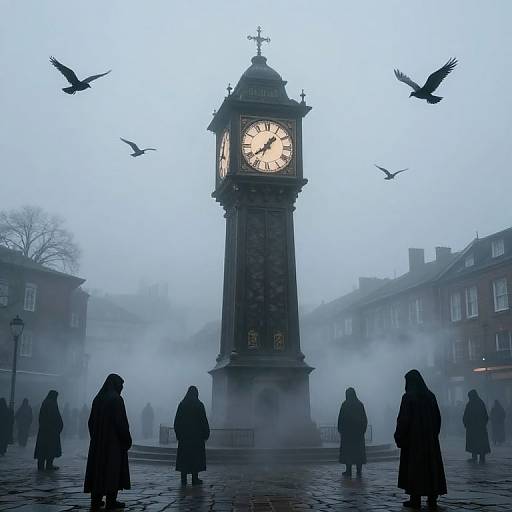 Photograph of a foggy town square with a tall clock tower, silhouetted people in coats, and flying pigeons. Mist envelops
