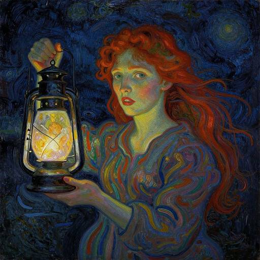 Vibrant, impressionist-style painting of a red-haired woman with flowing hair holding a glowing lantern against a dark, swirling blue background.