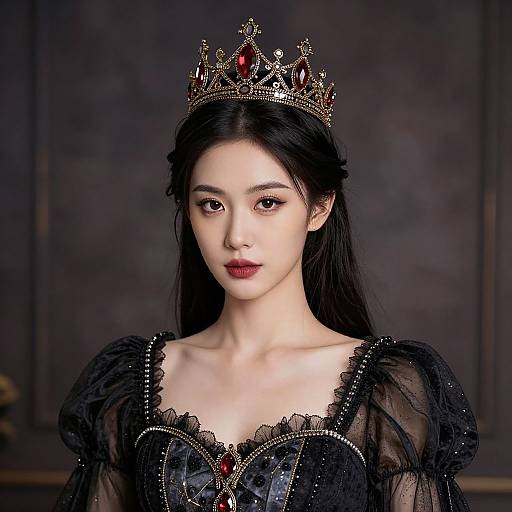 Photorealistic portrait of an East Asian woman with pale skin, long black hair, wearing a gold and red jeweled crown and black, sheer,