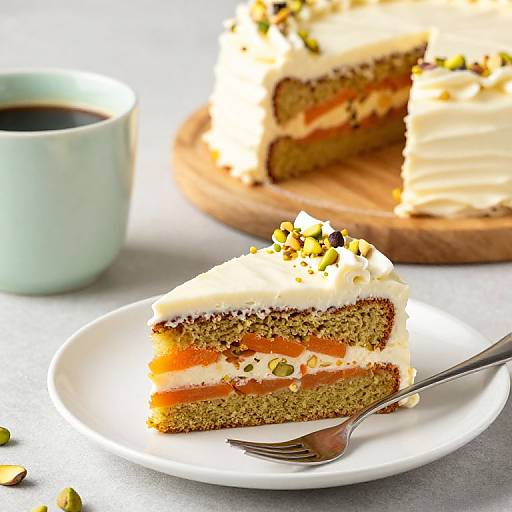 Photograph of a slice of carrot cake with cream cheese frosting, topped with nuts, on a white plate, beside a teacup with coffee,