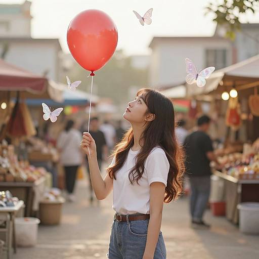 Asian woman with long black hair, white t-shirt, and blue jeans, holding a red balloon, surrounded by market stalls and white butterflies. Photograph.