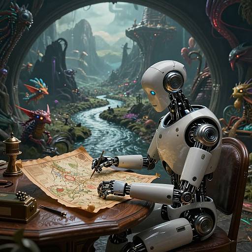 Steampunk robot mapping fantastical landscape, detailed map on wooden table, inkwell, and quill in hand, vibrant alien creatures outside archway