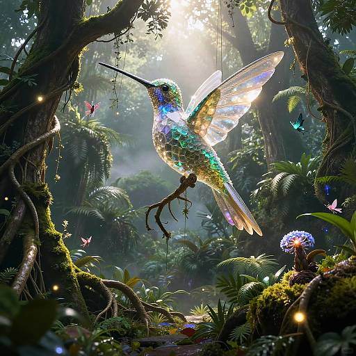 Glowing, iridescent hummingbird with rainbow feathers hovers in a mystical forest, surrounded by luminescent butterflies and enchanted plants, illuminated