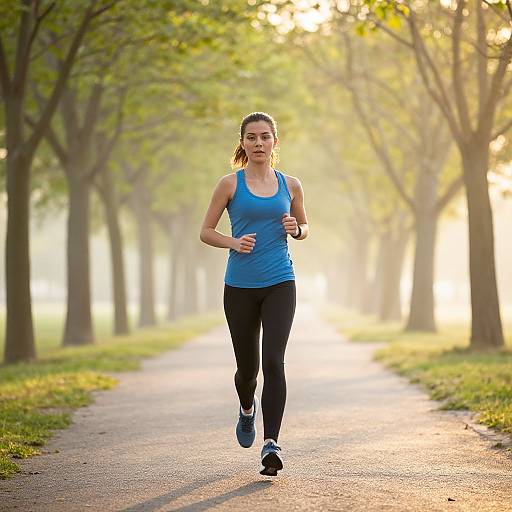 Photograph of a young woman jogging on a sunlit, tree-lined path wearing a blue tank top, black leggings, and blue sneakers.
