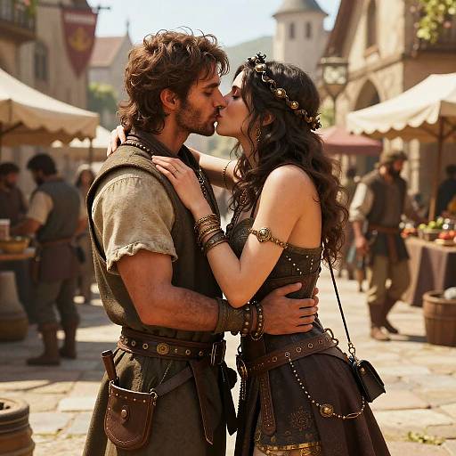 Passionate Kiss in Medieval Market