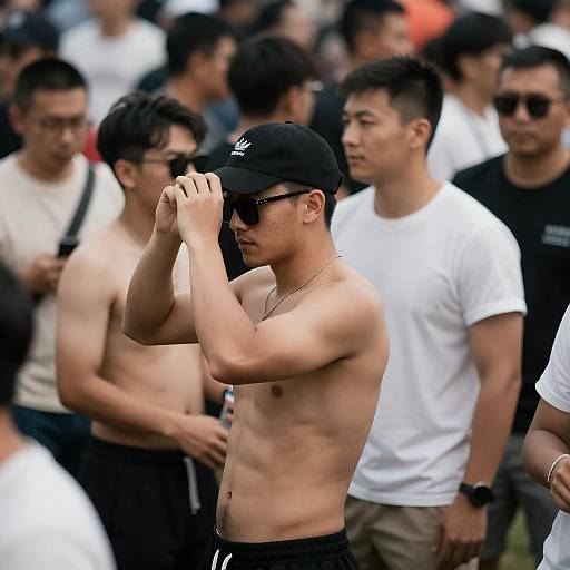 Shirtless Man Adjusting Cap at Outdoor Event
