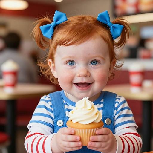Photograph of a smiling red-haired toddler with blue bows, wearing blue overalls and striped shirt, holding a cupcake with white frosting in a cozy