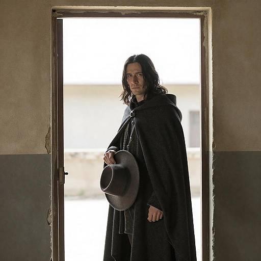 Man in Dark Cloak Standing in Sunlit Doorway