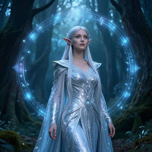 Digital artwork of a silver-haired, elven woman in a shimmering silver dress, standing in a dark, mystical forest with a glowing blue circular halo