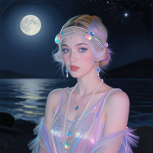 Digital art of a pale, blonde woman with blue eyes, wearing a beaded headpiece, pearl necklace, and blue gemstone dress, under a