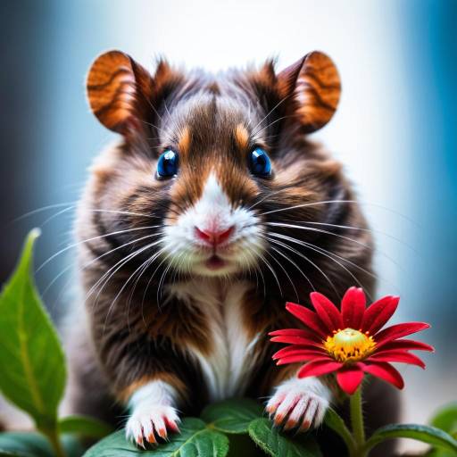Close-up of brown hamster with red flower
